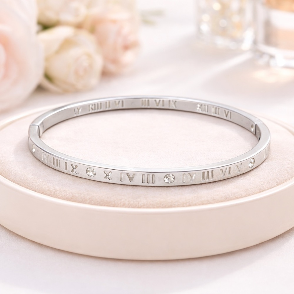 Timeless Silver Roman Numeral Crystal Bangle Bracelet